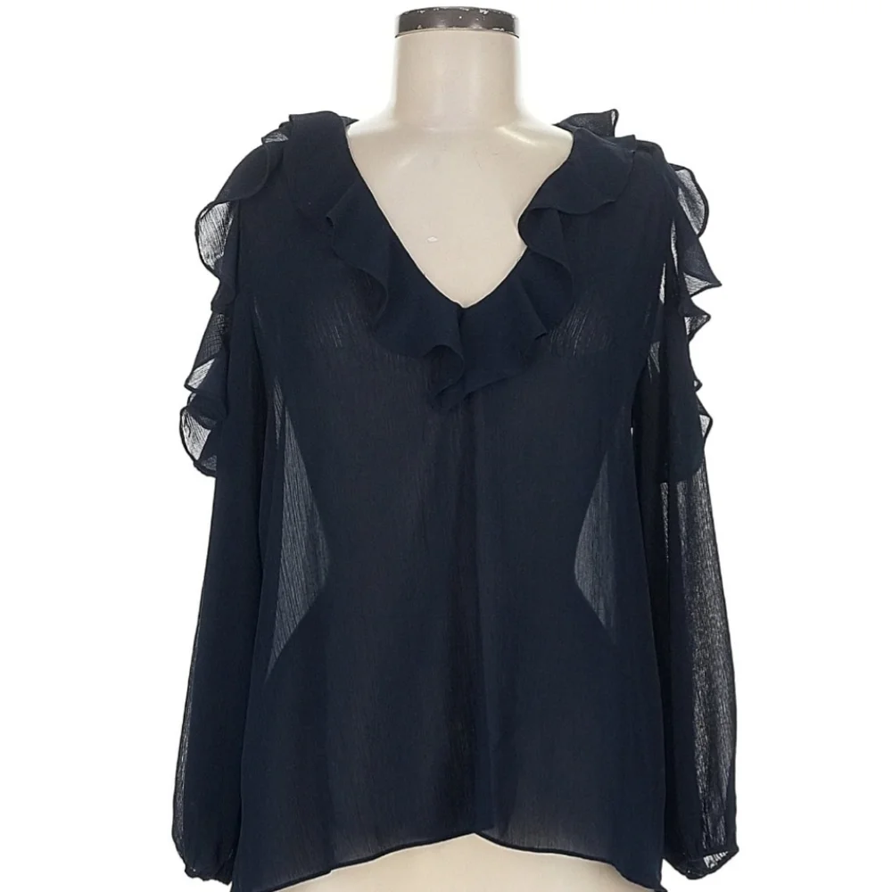 Alice + Olivia Deep Navy Blue Ruffled Dress Blouse M